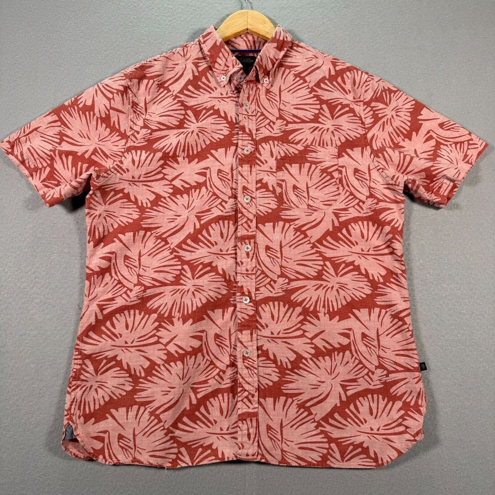 Allen Edmonds Button Up Shirt Mens Large Pink Salmon‎ Floral Hawaiian Beach Surf